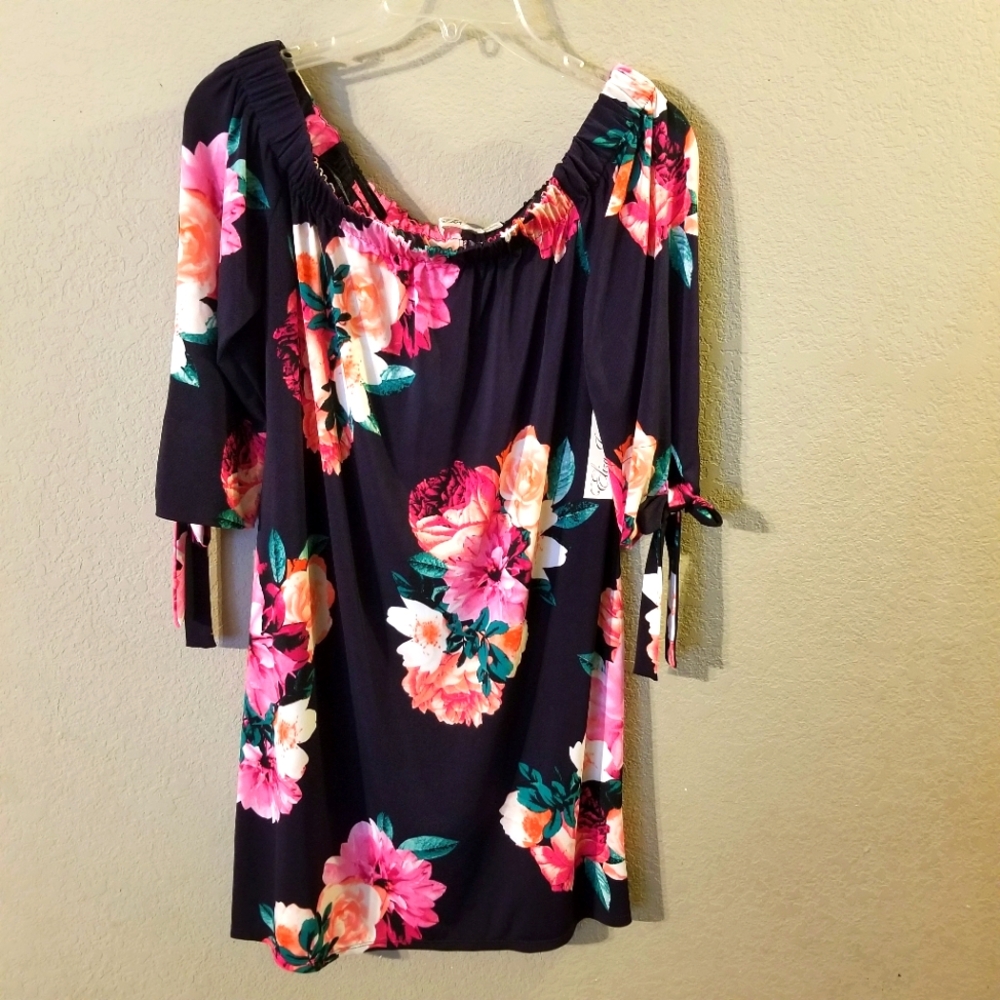 Eliza J Womens New Black w/ Pink Roses 3/4 Sleeve Dress Size 8